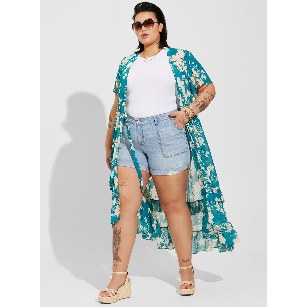 NWT Torrid Chiffon Maxi Ruffle Kimono Lightweight Floral Teal Plus Size 00X (10)